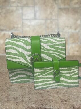 Michael Kors Greenwich Jungle Green Zebra Print Crossbody & Wallet Set